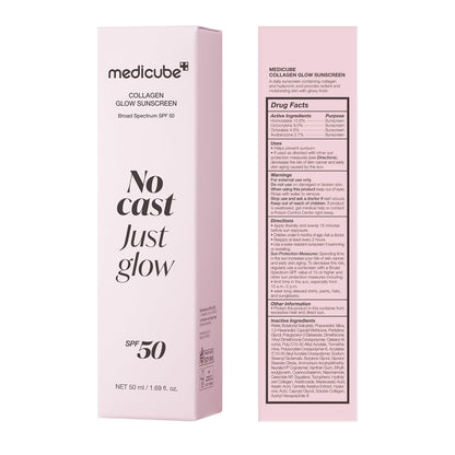 medicube No Cast Just Glow Collagen Sunscreen | SPF 50 Broad Spectrum Face Sunscreen | Lightweight, Non-Sticky, Hydrating Formula | Peptide, Cica for Soothing & Glow | Korean Skincare